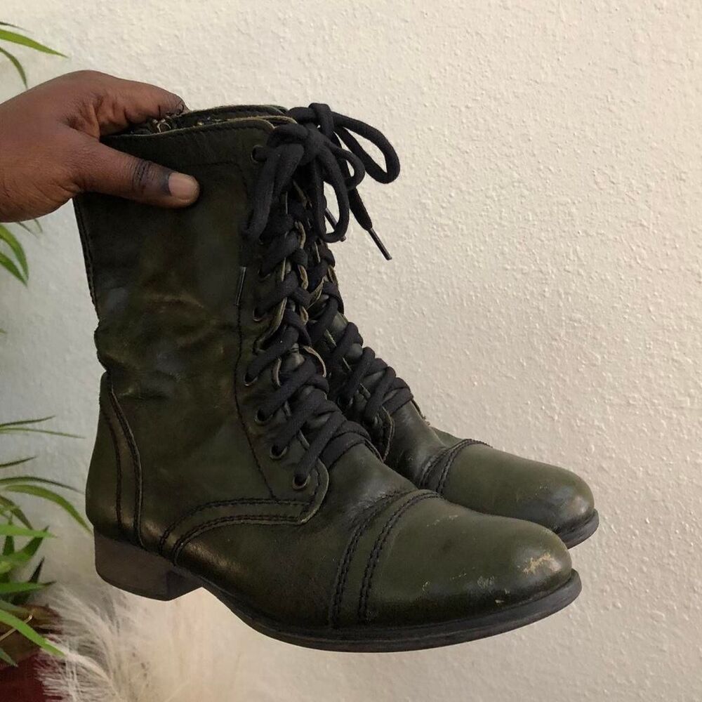 Green Steve Madden Troopa Military Combat Biker Ankle leather lace-up boots Goth